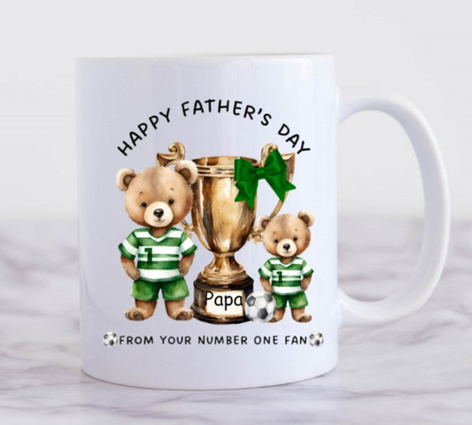 papa football mug with trophy and green stripes kit