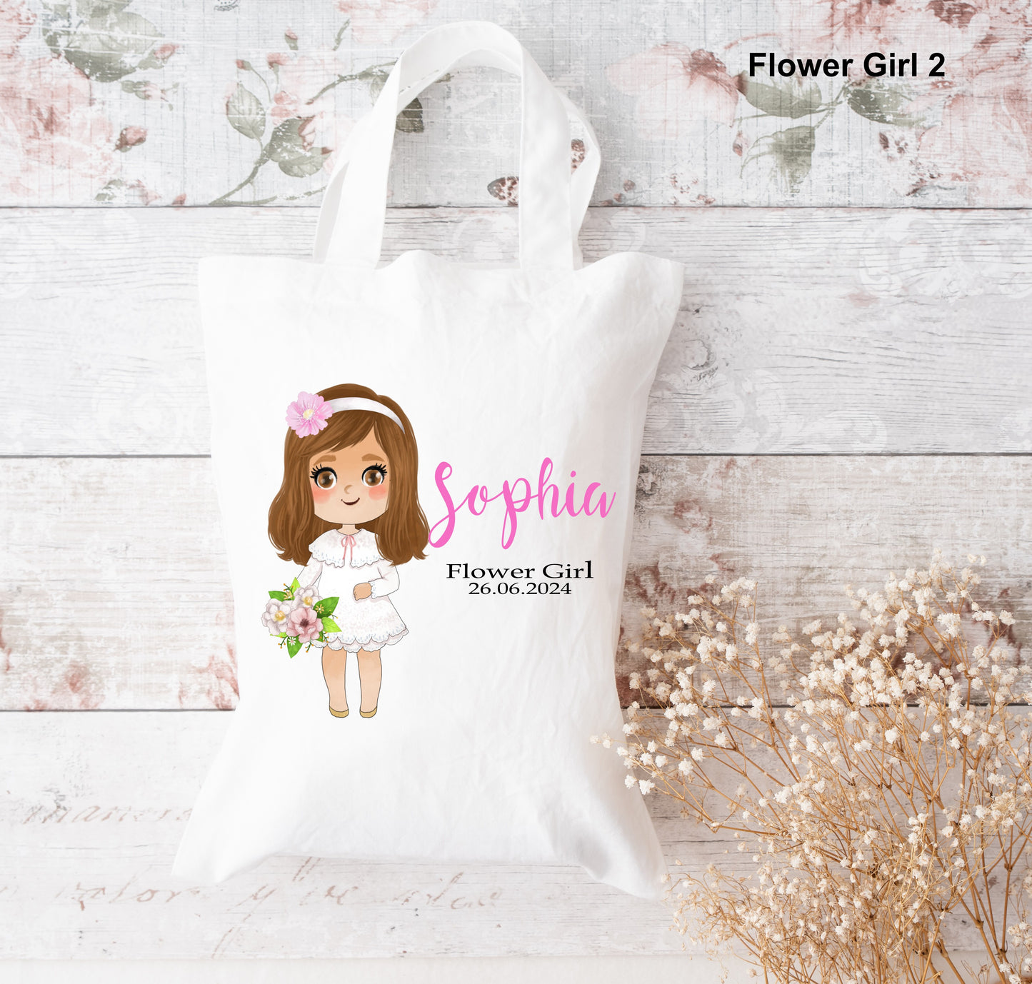 flowergirl long brown hair tote bag