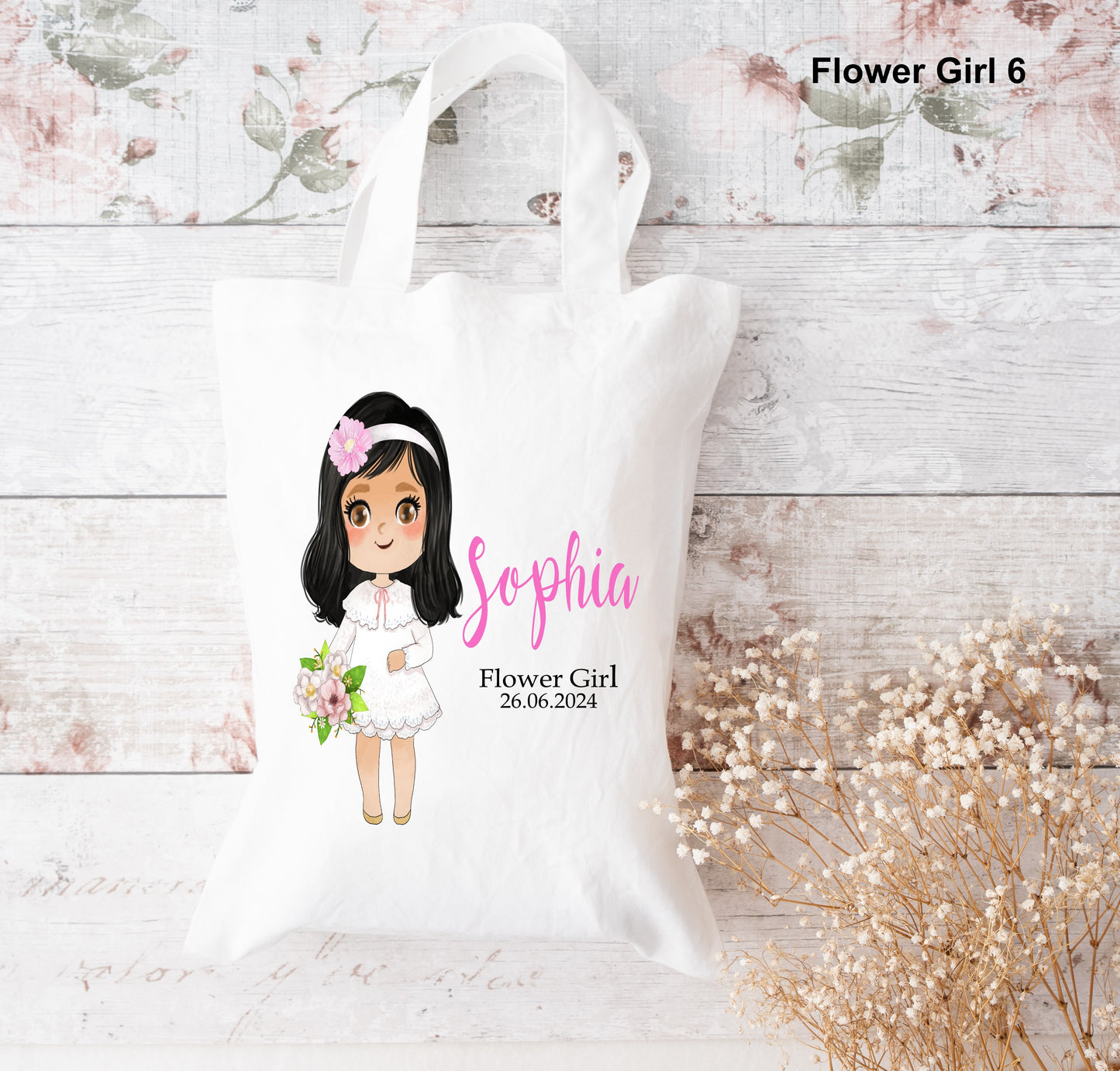 flowergirl black hair down tote bag