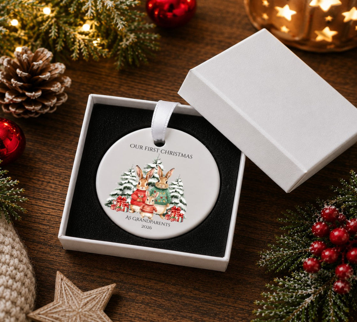 A personalised round ceramic Christmas ornament displayed in an open white gift box on a dark wooden table, surrounded by festive decorations including pine branches, red berries, a pinecone, and a star ornament.