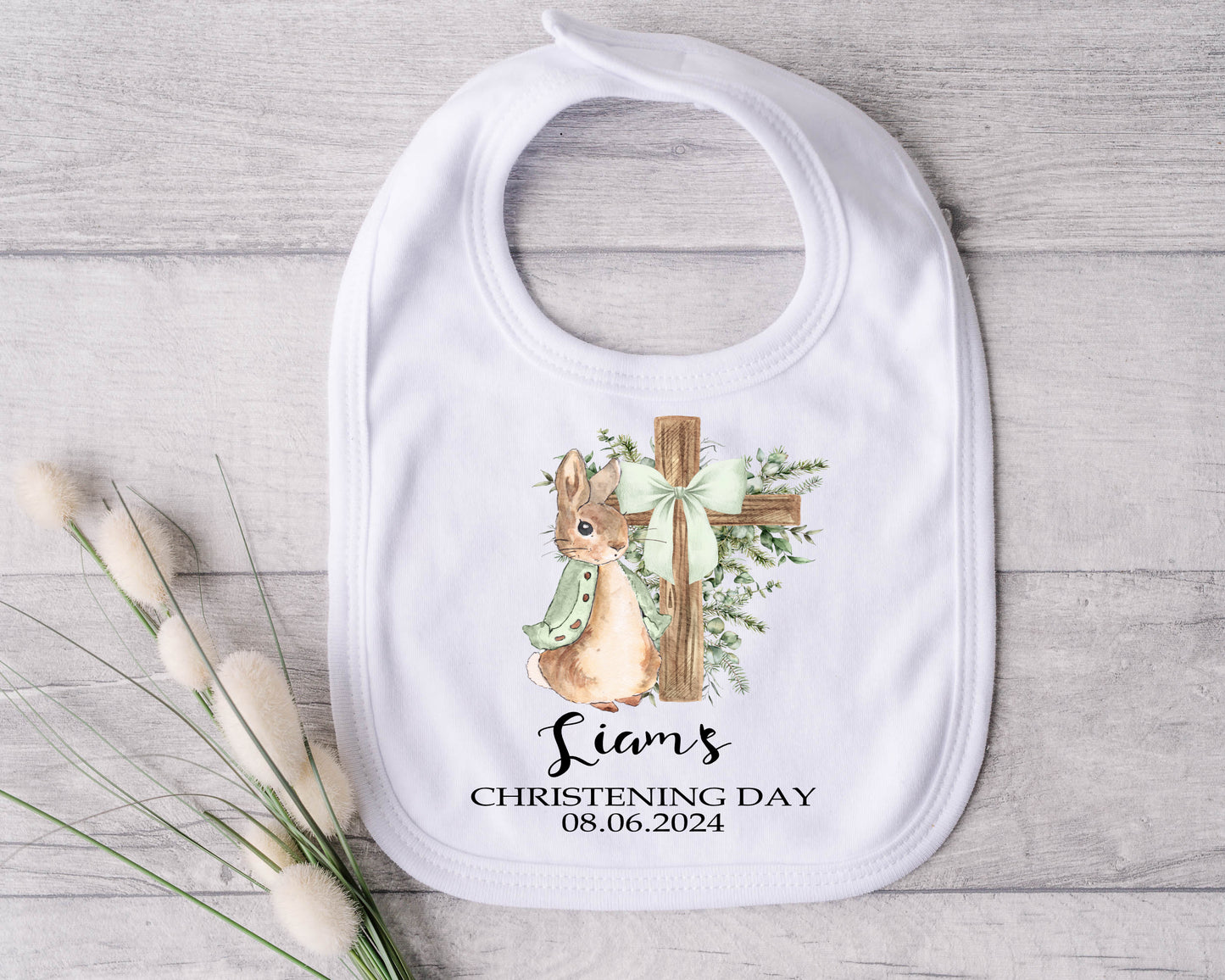 green rabbit christening bib