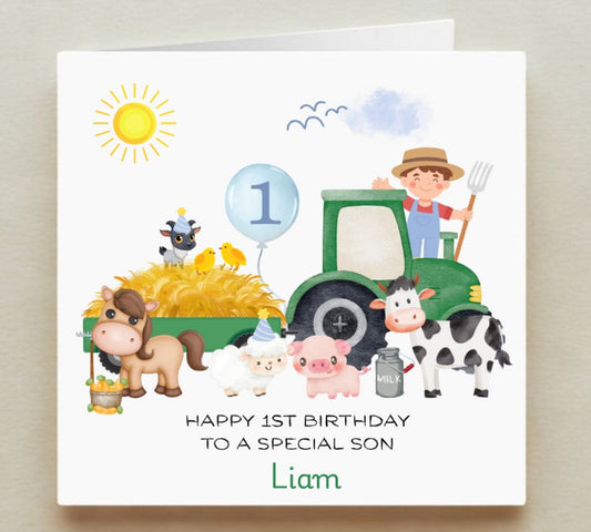 Birthday card with farm-themed illustrations and text for a special son named Liam.