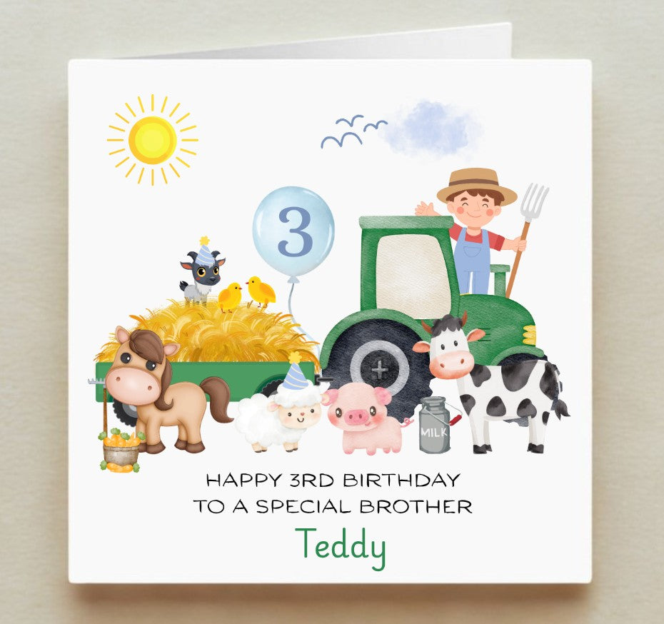 Birthday card with farm animals and a tractor, featuring the number 3 and text for a special brother.