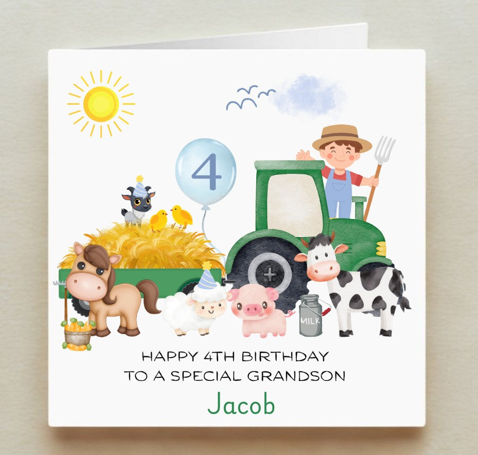 Birthday card with farm-themed illustrations and text for a special grandson.