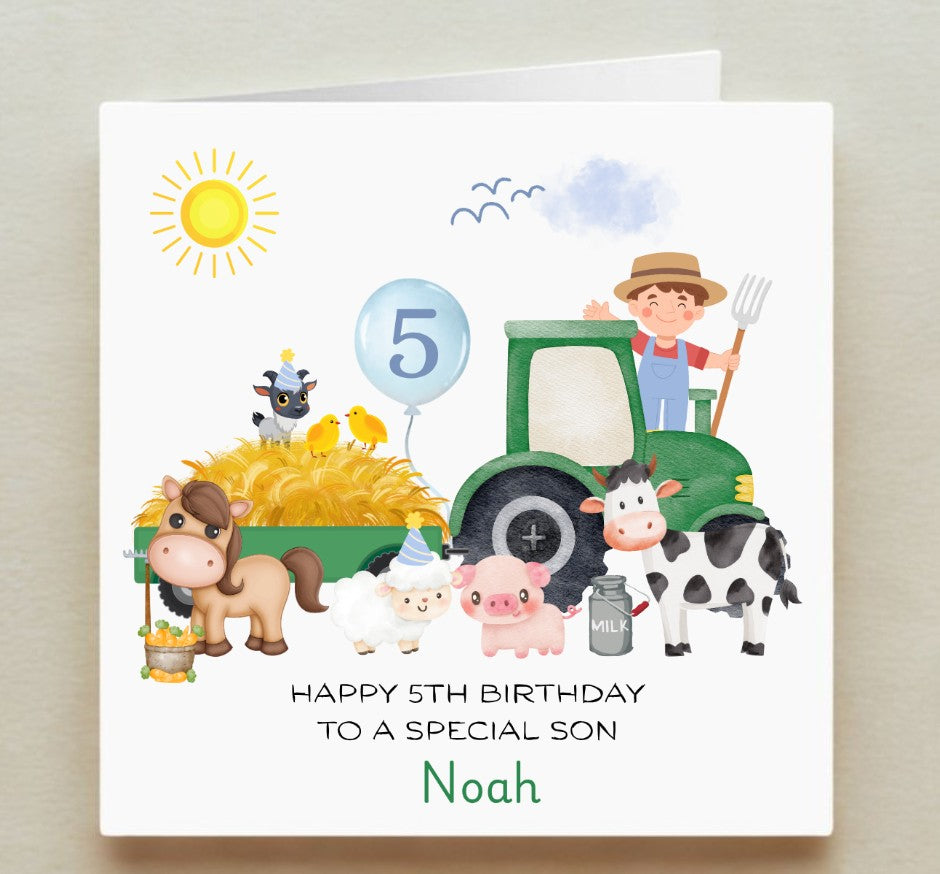Children's birthday card with farm animals and a tractor, featuring the number 5 and the name Noah.
