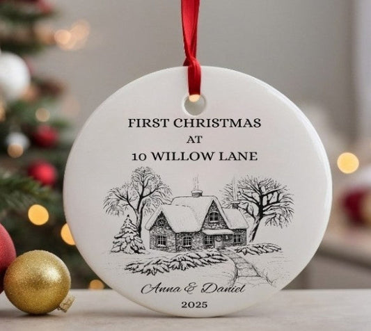 Personalised First Christmas In New Home Bauble (Cottage Scene)