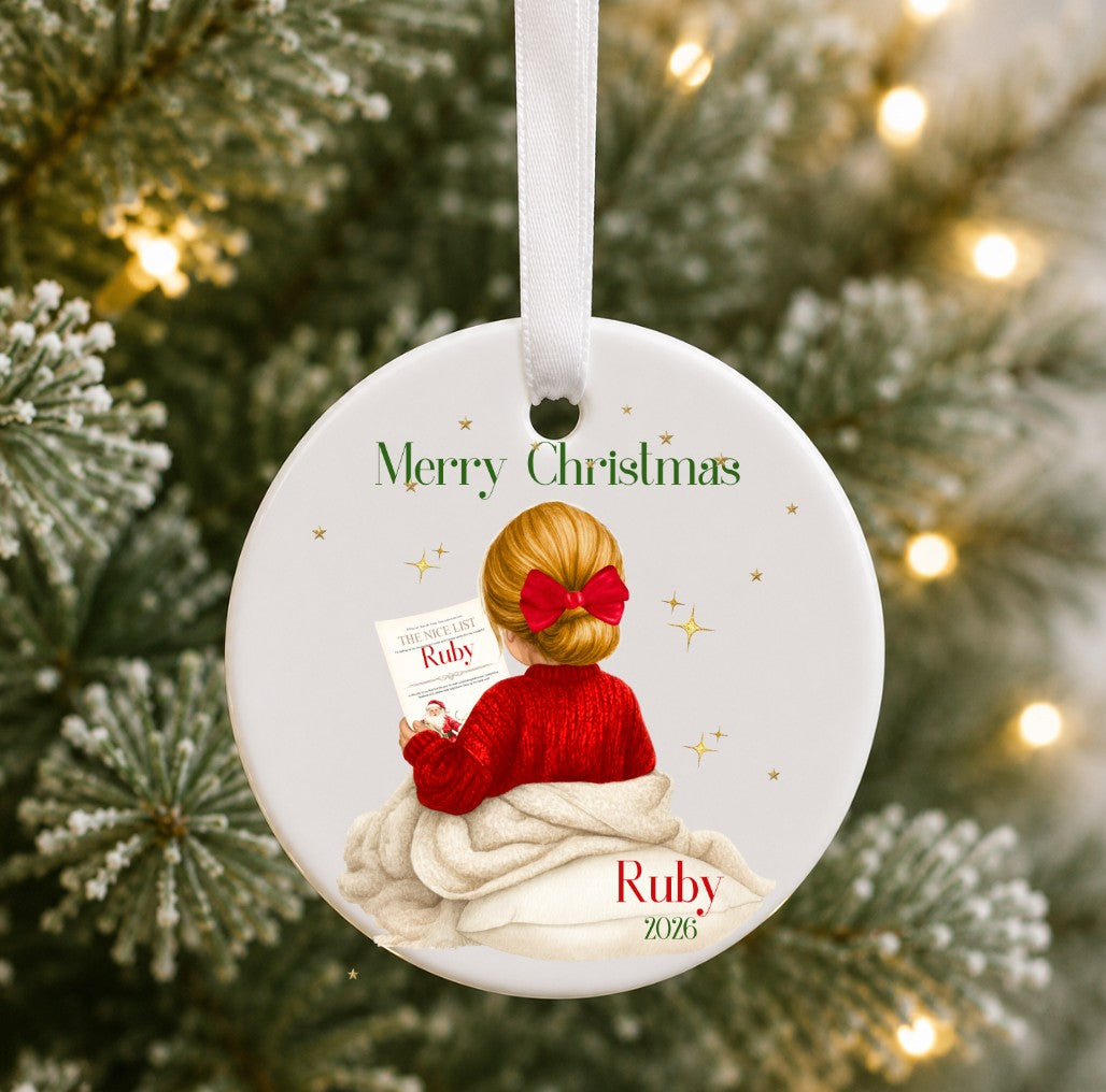 Personalised Kids Christmas Bauble (Nice List, Girl)