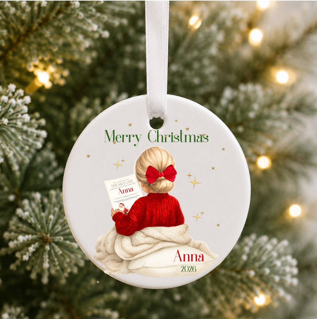 Personalised Kids Christmas Bauble (Nice List, Girl)