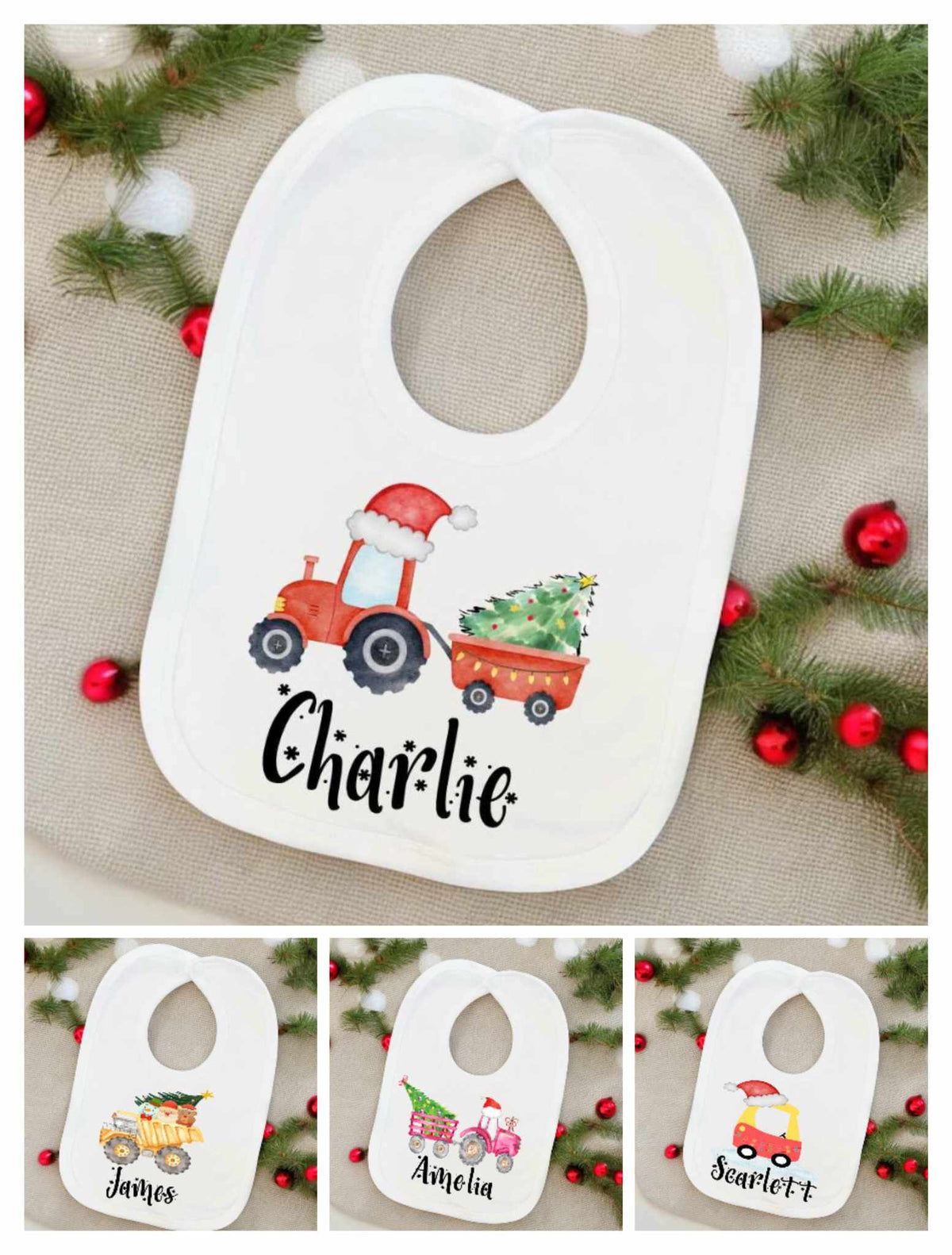 A collage of four images showing personalised novelty Christmas bibs with various designs including a car, tractor, and Christmas tree, each customized with a name and printed.