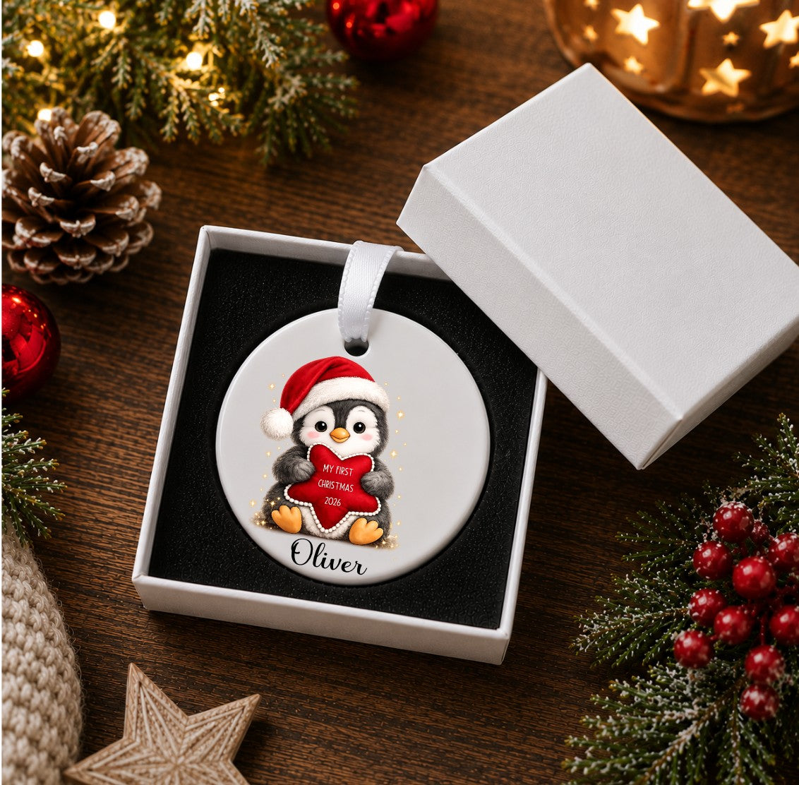 A round white Christmas ornament displayed in an open white gift box on a wooden table, decorated with a cartoon penguin wearing a Santa hat and holding a red heart that says 'my first Christmas 2026'. The box lid rests beside it, and festive holiday decorations including pine branches, red berries, a pinecone, and warm string lights surround the product.
