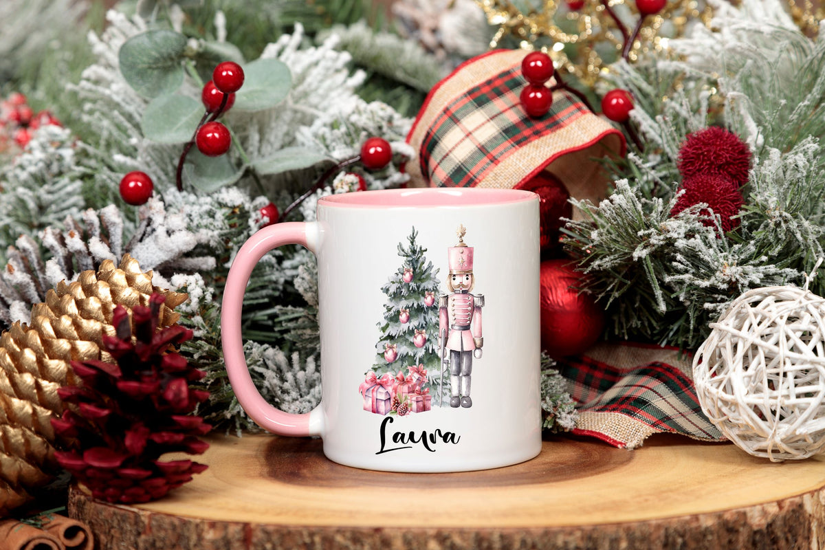 pink nutcracker Christmas mug with Christmas tree