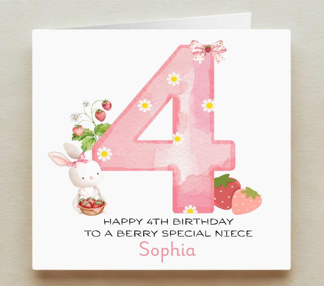 Birthday card with number '4', rabbit, strawberries, and flowers on a white background