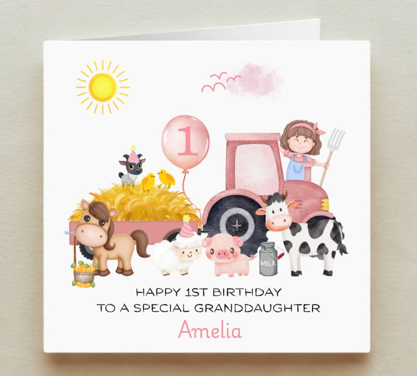 Birthday card with farm-themed illustrations and text for a special granddaughter.