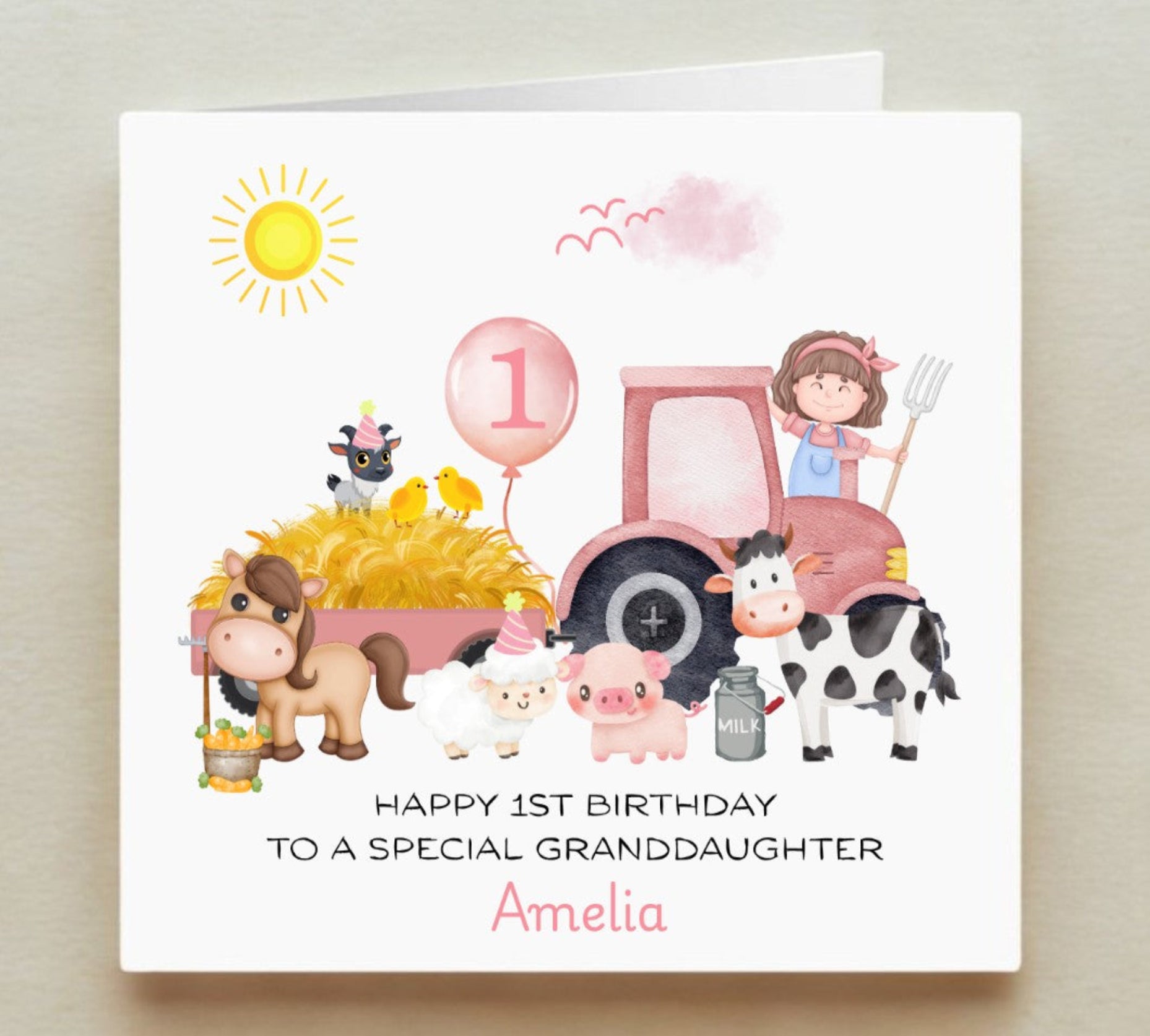 Birthday card with farm-themed illustrations and text for a special granddaughter.
