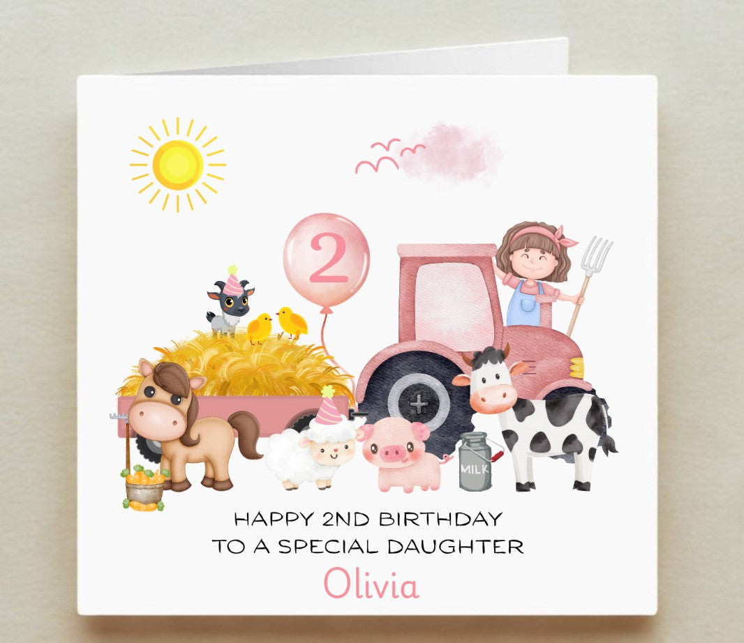 Birthday card with farm-themed illustrations and text for a special daughter.
