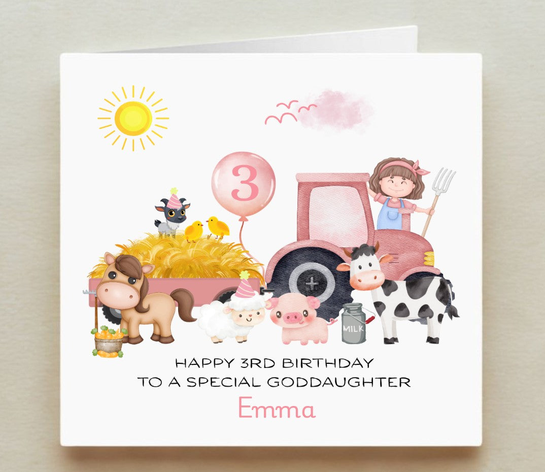 Birthday card with farm-themed illustrations and text for a special goddaughter.