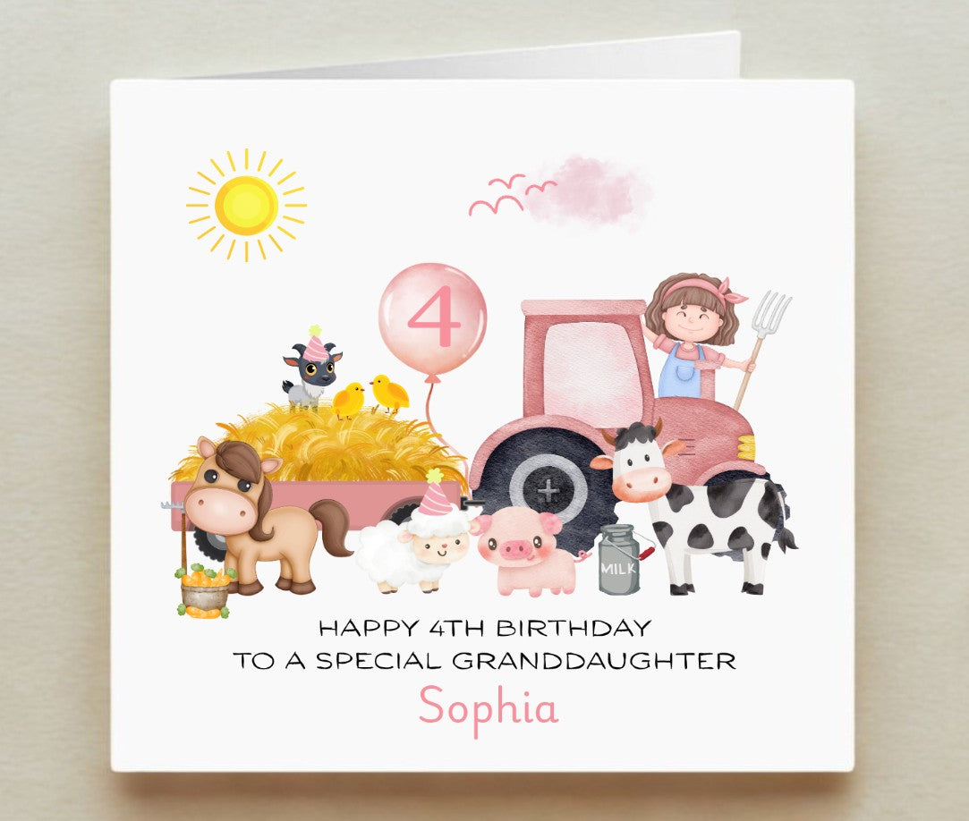 Birthday card with farm-themed illustrations and text for a special granddaughter.