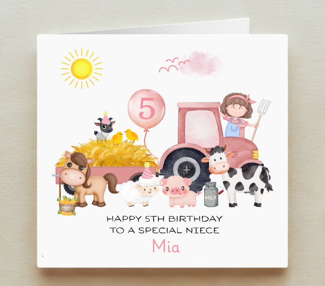 Birthday card with farm-themed illustrations and text on a white background
