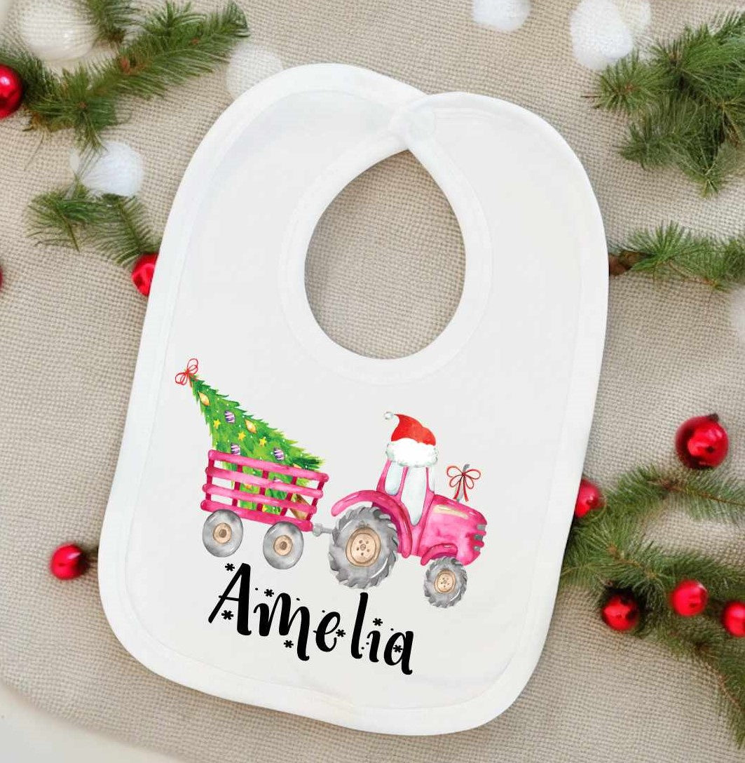 pink tractor christmas bib