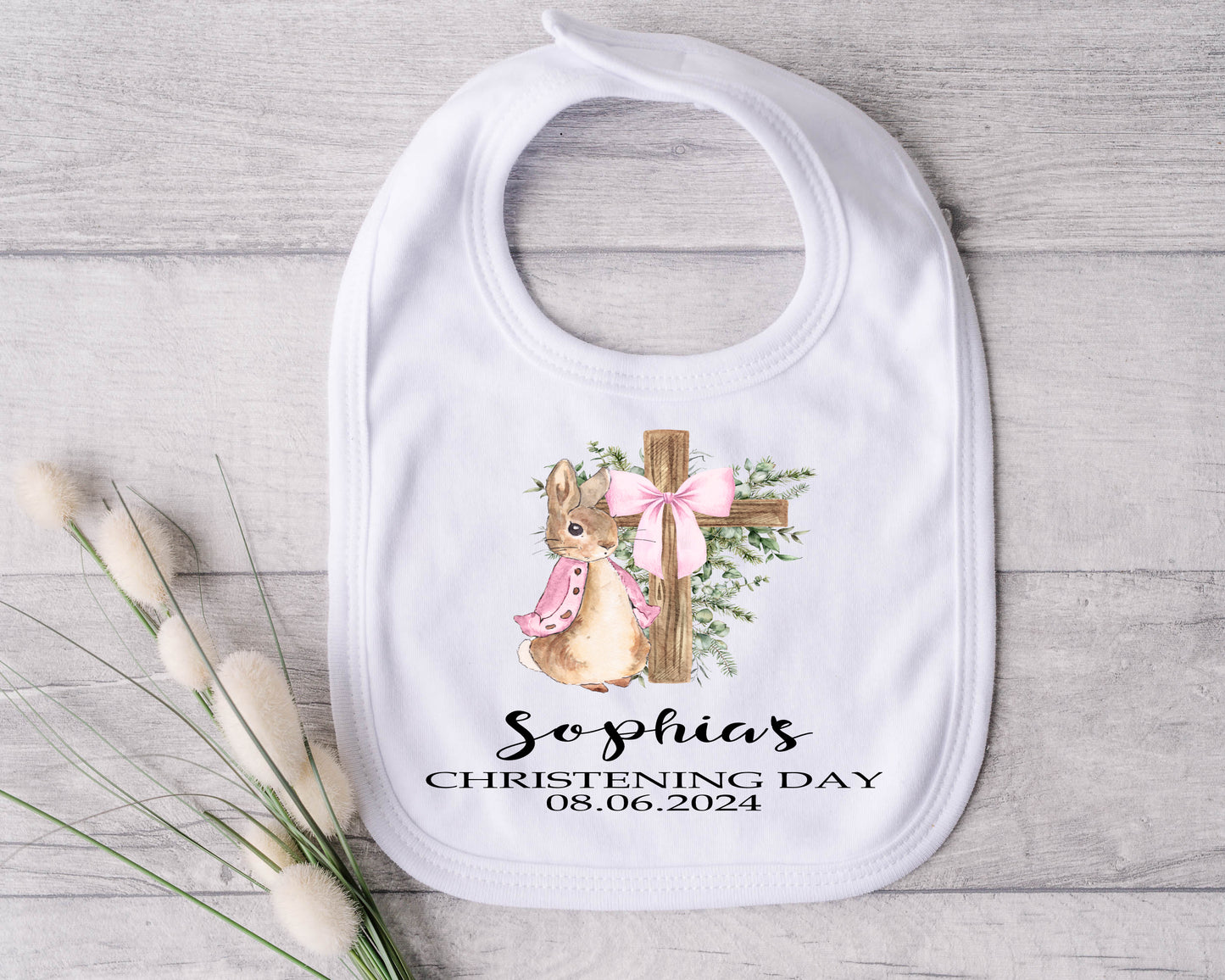 pink rabbit christening bib