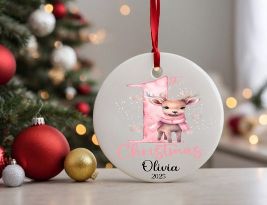 ceramic bauble with pink reindeer and the number one