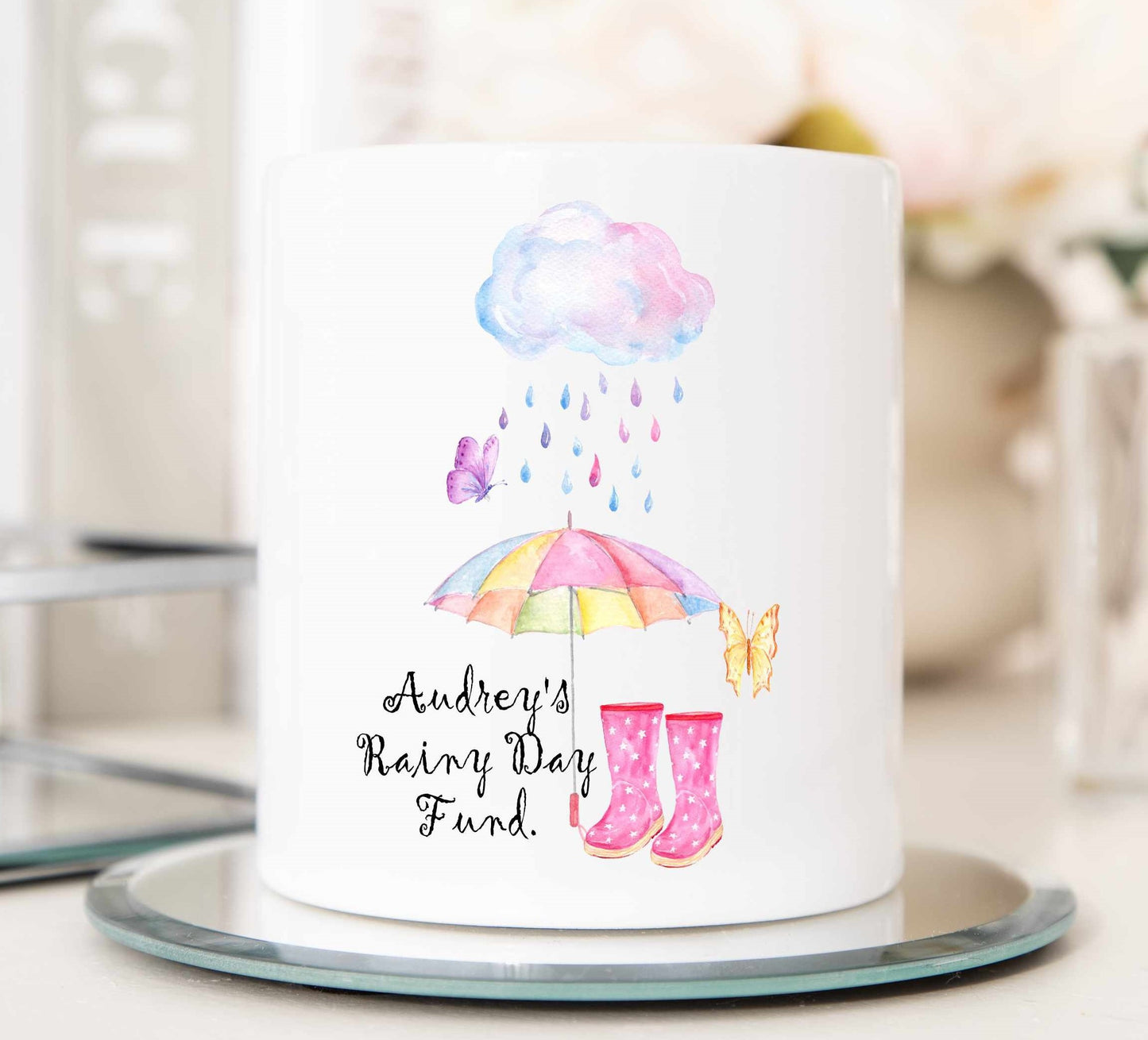rainy day money boxes pink boots