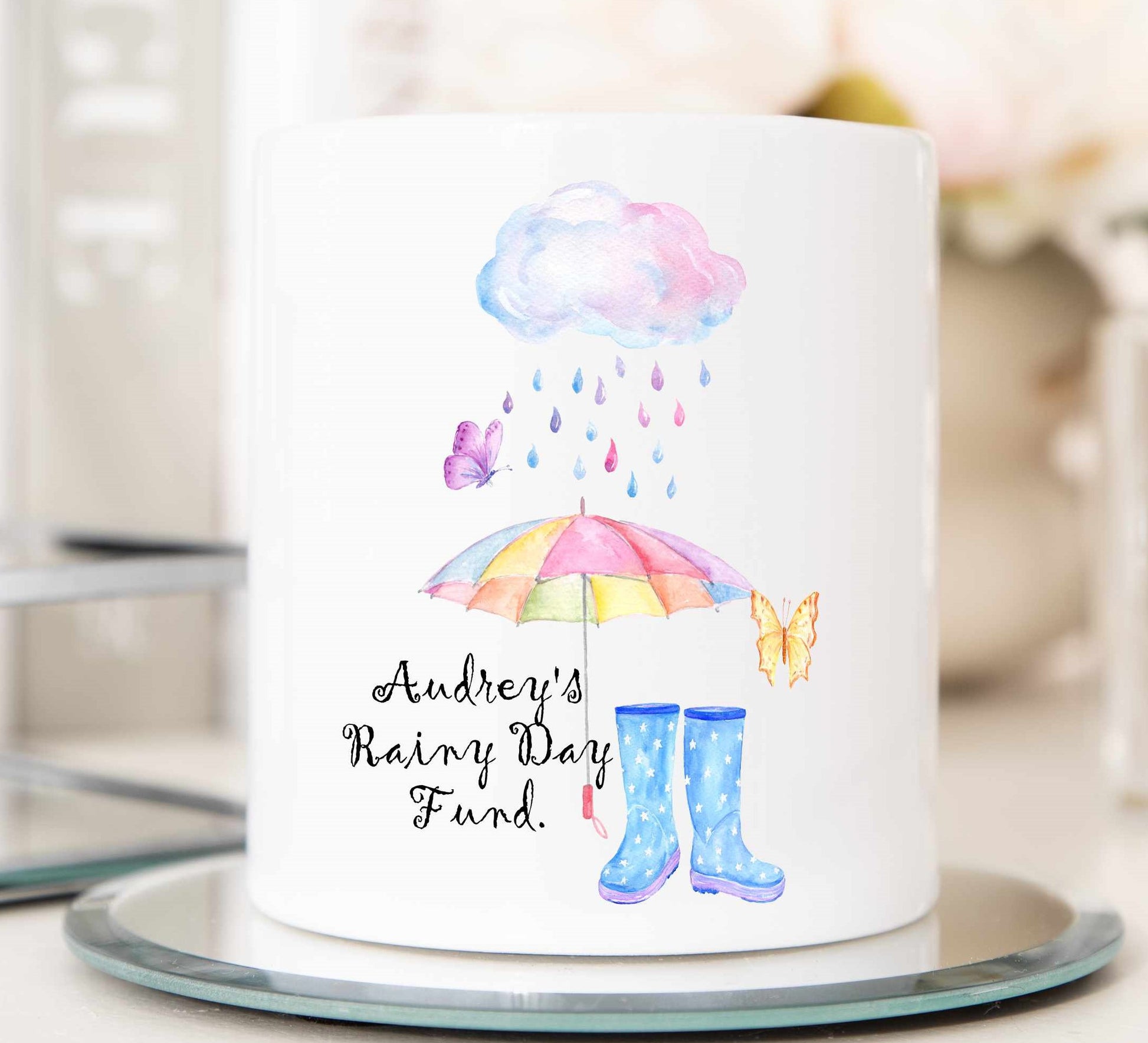rainy day money boxes blue boots