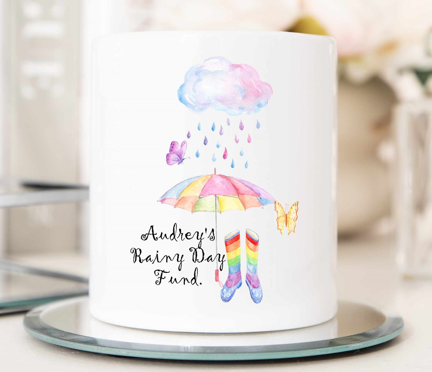 rainy day money boxes rainbow boots