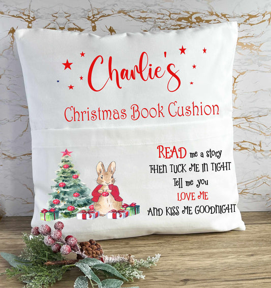 red rabbit christmas book cushion