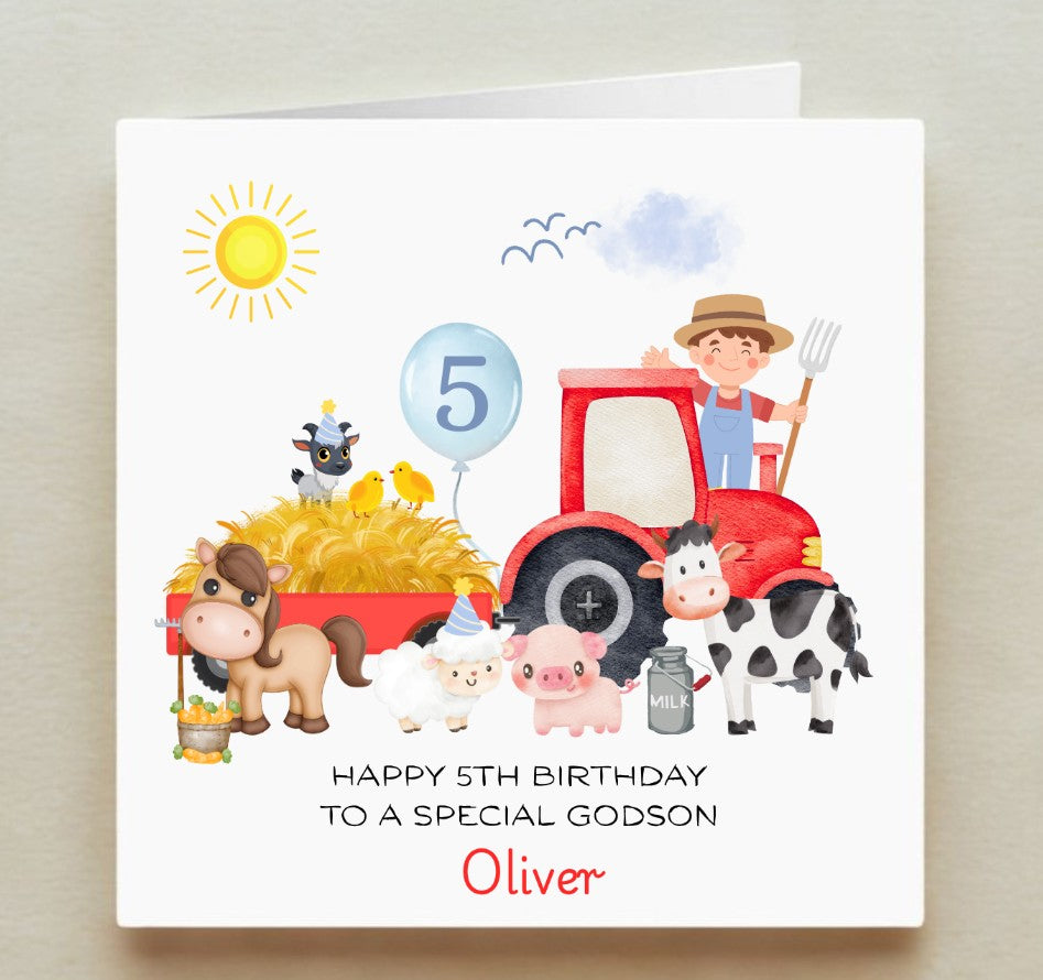 Birthday card with farm-themed illustration, including a boy on a tractor and farm animals, on a white background.