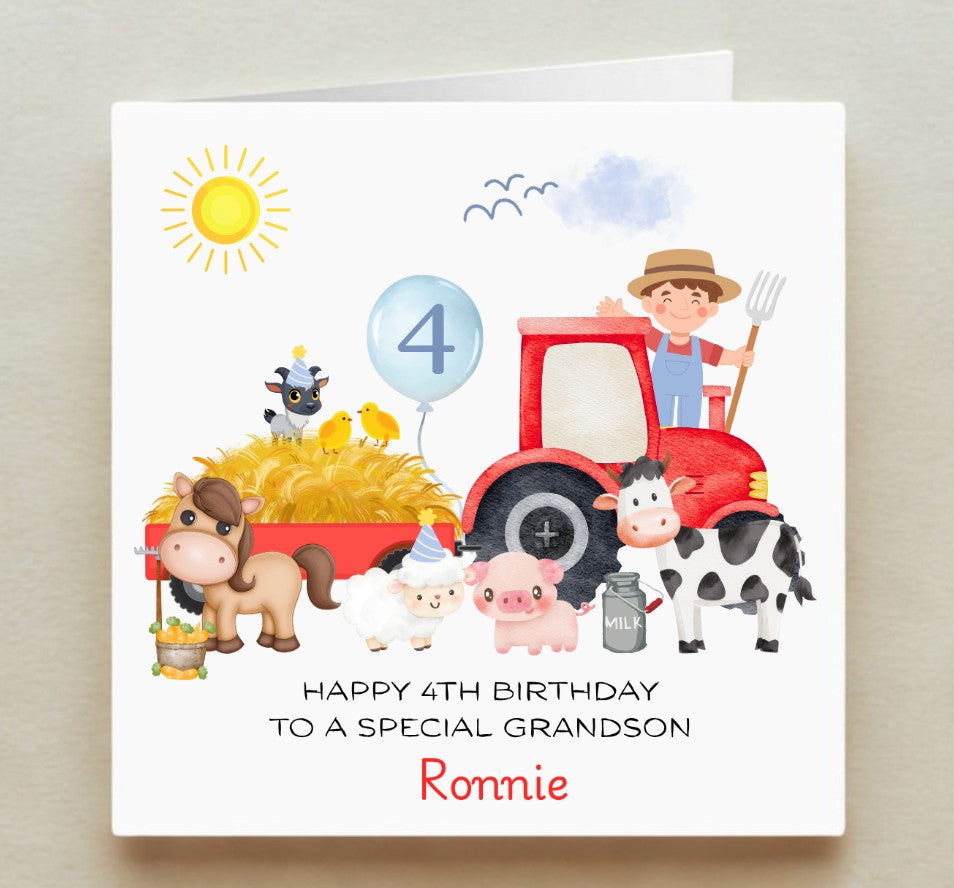 Birthday card with farm-themed illustrations and text for a special grandson.