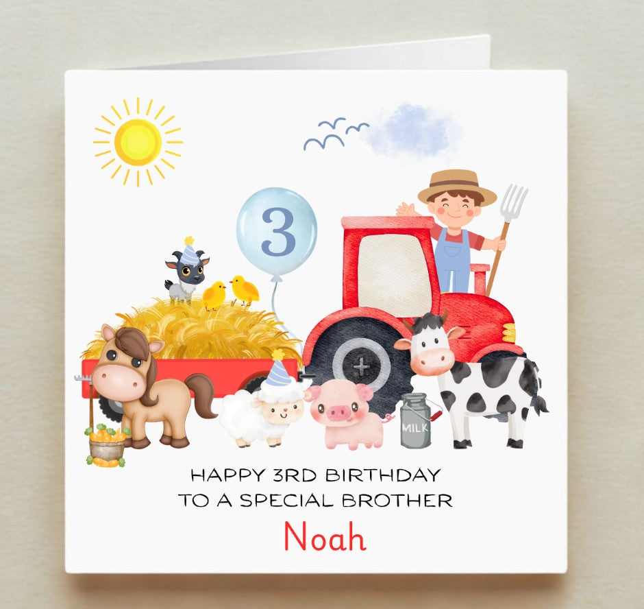 Birthday card with farm-themed illustrations and text for a special brother named Noah.
