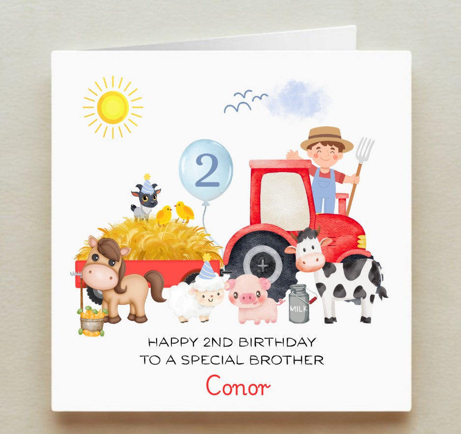 Children's birthday card with farm animals and a tractor, featuring the number 2 and the name Conor.
