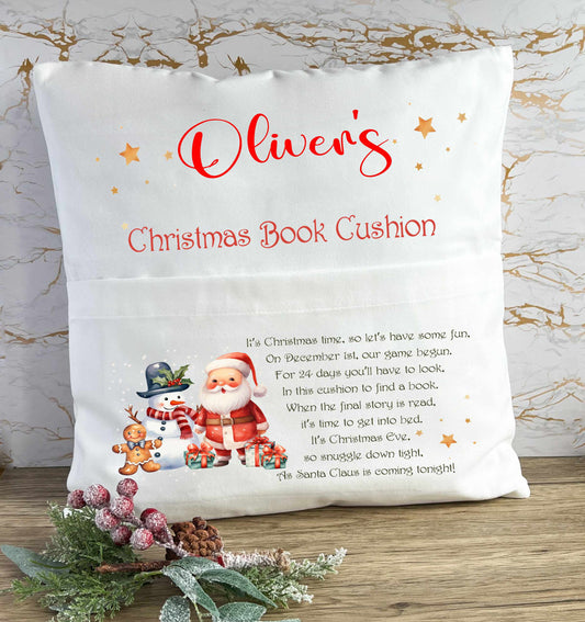 Personalised Christmas Book/Reading Cushion (Santa and Snowman)