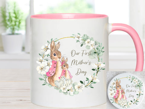 Personalised First Mother's Day Mug and Coaster Set (Pink Rabbit)